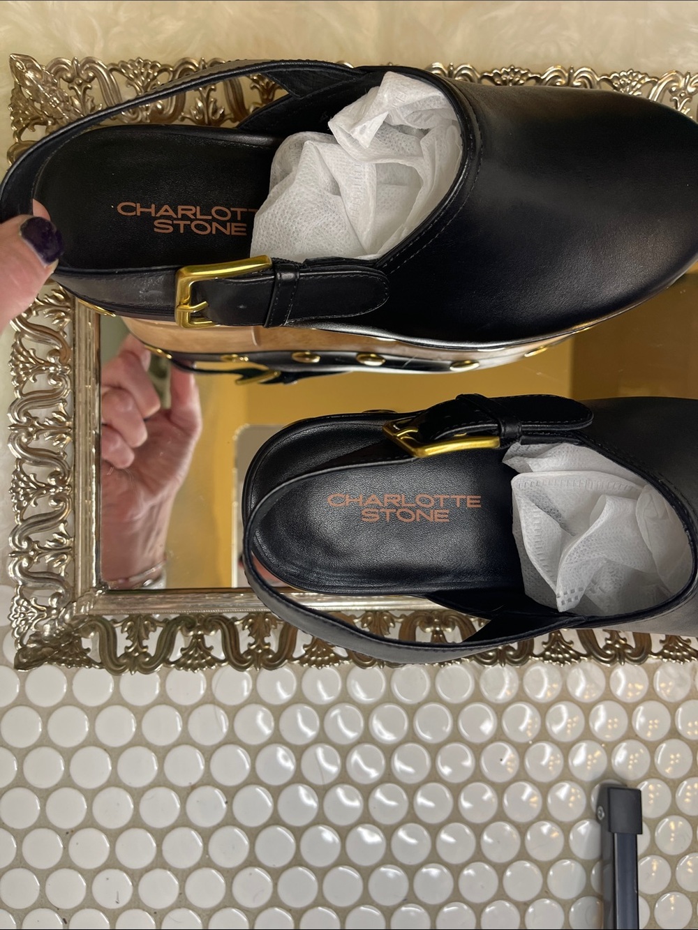 Charlotte Stone Jona Black Leather Studded Slingback Platform Clogs-w/box & tote - Picture 9 of 14